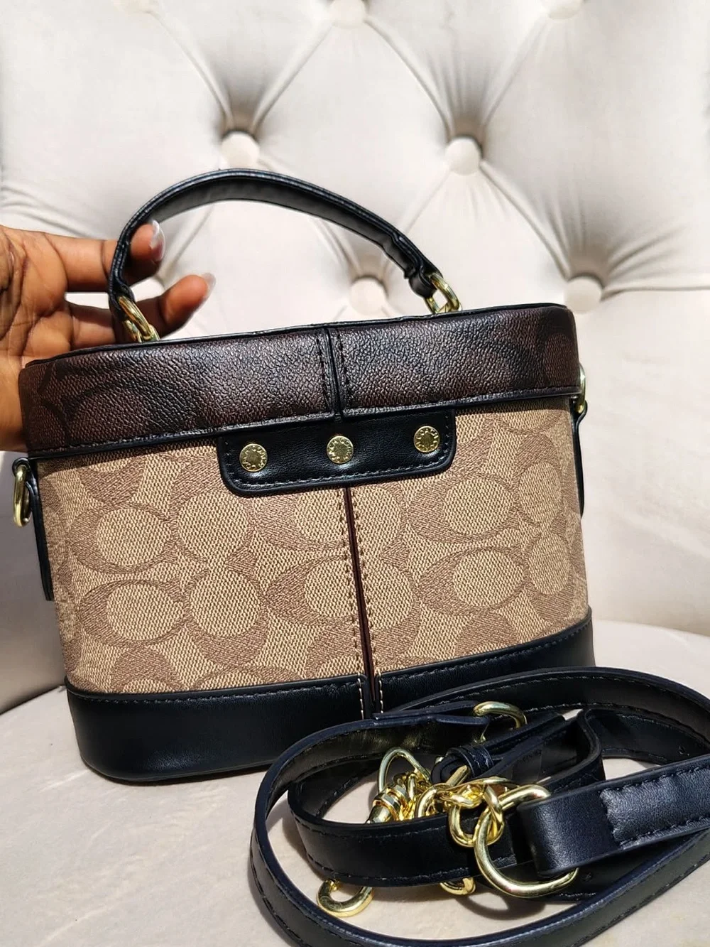 Coach Brown/Tan Canvas and Black Leather Top Handle Satchel with Gold Hardware